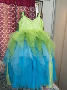 Lime Green And Sea Blue Asymmetrical Layered Gown