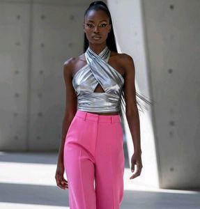 FashionNova SilverMetallic Cross-Front HalterTop