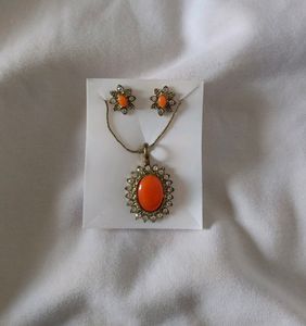 Orange Necklace Earrings Set Party Wear