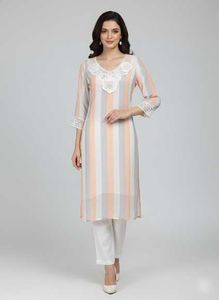 Elegant Striped Kurta with Lace Detail
