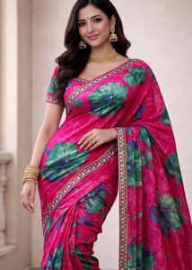 Elegant Pink Floral Print Saree