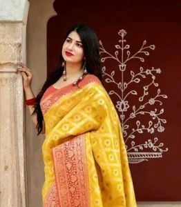 Yellow &amp; Red Banarasi Silk Saree