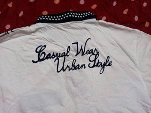 Boys White And Navy Blue Casual Polo Tshirt