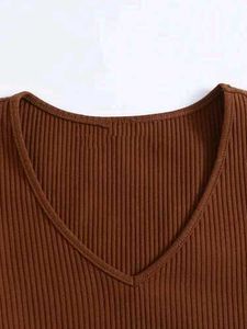 Brown Ribbed V-Neck Tee