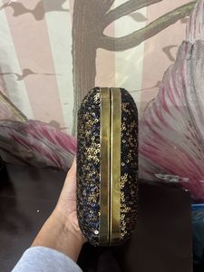 Black Golden Sequin Hard Clutch With Bead Chain