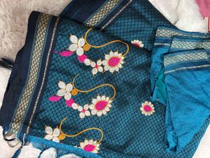 Teal Blue Khan Saree With Stitched Blouse