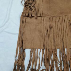 Tan Brown Psuede Skirt With Fringes