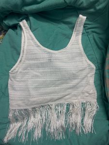 H&amp;M Divided White Open Knit Fringe Hem Sleeveless