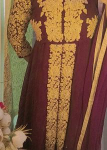 Elegant Burgandy &amp; Gold Embroidered Dress