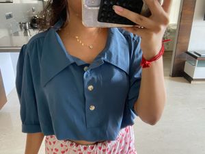 blue satin crop top