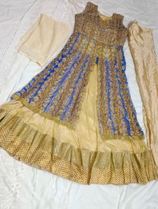 Elegant Blue &amp; Gold Embroidered Anarkali Suit