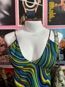 Y2K Vintage Halter Neck Blue Wave Dress With Slit