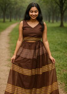 Brown Striped Crop Top &amp; Skirt Set