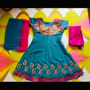Teal and Pink Kurti With Churidar Dupatta