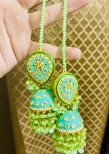 Teal Jhumka Earrings with Maangtikka