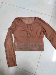 Stylish Brown Sheer Top With Embellishment