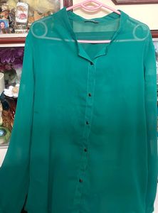 Full Sleeve Green Sheer Button-Down Top/shirt