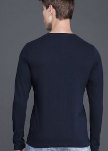 WROGN Men Navy Blue Striped Round Neck PureCotton