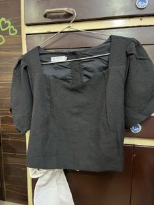 Black Square Neck Puff Sleeve With Top Back Knot