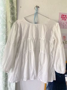 White V-Neck Peasant Top