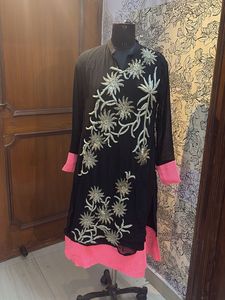 Elegant Black &amp; Neon Pink Embroidered Set