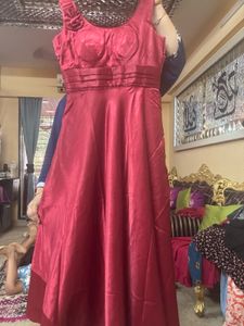 Pure Japan Satin Rose Red Floor Length Flowy Gown
