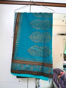 Blue Coloured Golden Foil Printed Saree Wid Blouse
