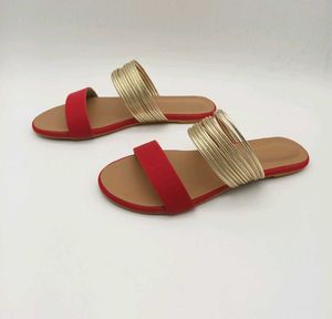 Red And Gold Flat Sandals.