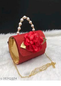Red Glitter Floral Clutch with Pearl Handle