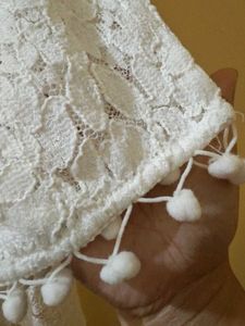 White Lace Shrug with Pom Poms