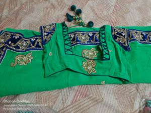 Green Saree with Navy Velvet Border