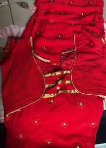 Beautiful Red Floral Saree With Blouse