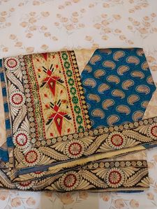 Beige And Blue Designer Saree With Blouse