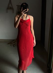 RED CHIFFON SLIP MIDI  DRESS