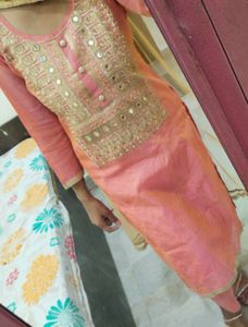 Peach Embroidered Salwar Suit Set For Women