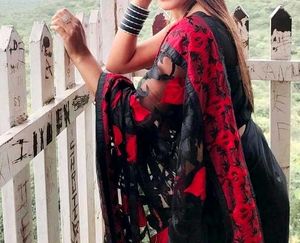 Red &amp; Black Saree with Sheer Details