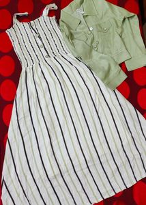 Flared White Stripes Frock Dress With Overcoat