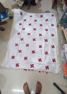 White And Red Swastik Print Saree