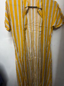 Yellow and White Striped Long Shirt Dress