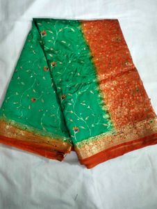 Silk Blend Saree - Teal & Orange