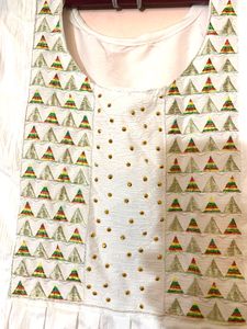 Brand New, White Cotton Frock With Beautiful Simple Design In The Front