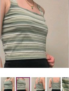 AE Green &amp; White Striped Ribbed Crop Top