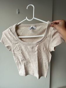Cute Beige Ribbed Crop Top