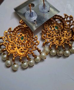 Temple Design Stone And Pearl Earrings