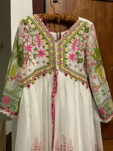 White Printed Anarkali Dress With Dupatta And Pant