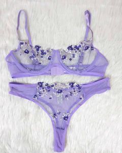 Floral Embroidery Lace Mesh Lingerie Set