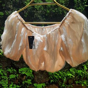 Sheer Korean Puff Sleeve Crop Top