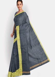 Elegant Handloom Saree - Gray &amp; Yellow