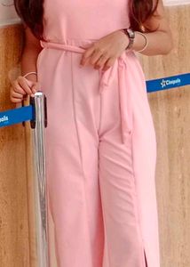 Pink Belted Wide Leg Jumpsuit