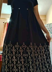 Printed A-line Kurta Navy Blue